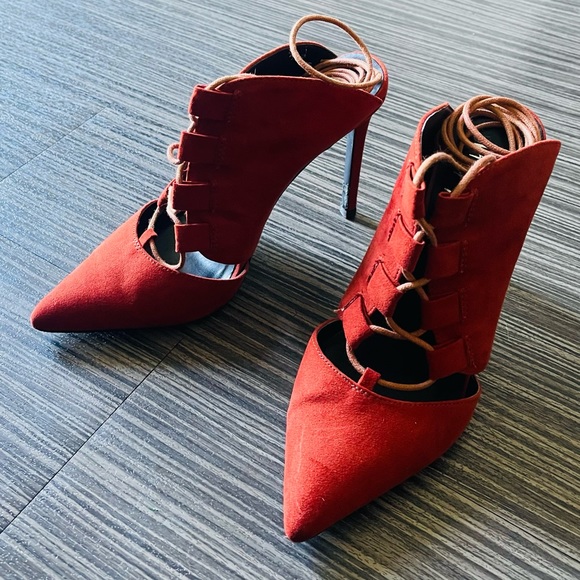 Nasty Gal Lace Up Heels in Rust Red - Picture 3 of 9